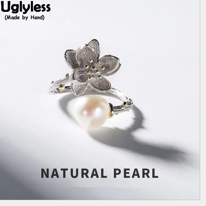 Uglyless 100% Natural Freshwater Pearl Finger Rings for Women Fine Jewelry Real Solid 925 Sterling Silver Flower Open Ring Lotus | Украшения