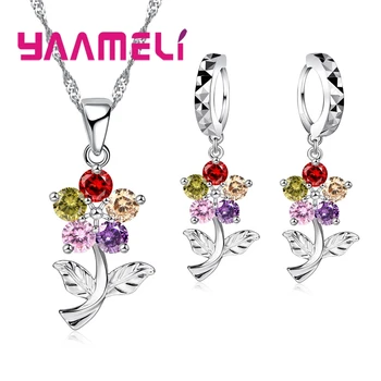 

Women Bridal Jewelry Sets Shining 925 Sterling Silver AAA Cubic Zircon Stone Inlay Paved Flower Charms Necklace Earrings