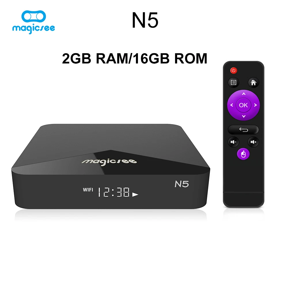 MAGICSEE N5 Android TV Box Amlogic S905X Android 7.1.2 2GB RAM 16GB ROM 2.4G 5G WiFi 100Mbps BT4.1 Support 4K H.265 Smart TV Box
MAGICSEE N5 Android TV Box Amlogic S905X Android 7.1.2 2GB RAM 16GB ROM 2.4G 5G WiFi 100Mbps BT4.1 Support 4K H.265 Smart TV Box