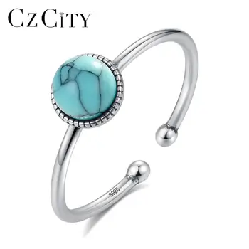 

CZCITY Genuine 925 Sterling Silver Rings for Women Anniversary Fine Jewelry Vintage Round Turquoise Anillos Femme Gifts SR0189