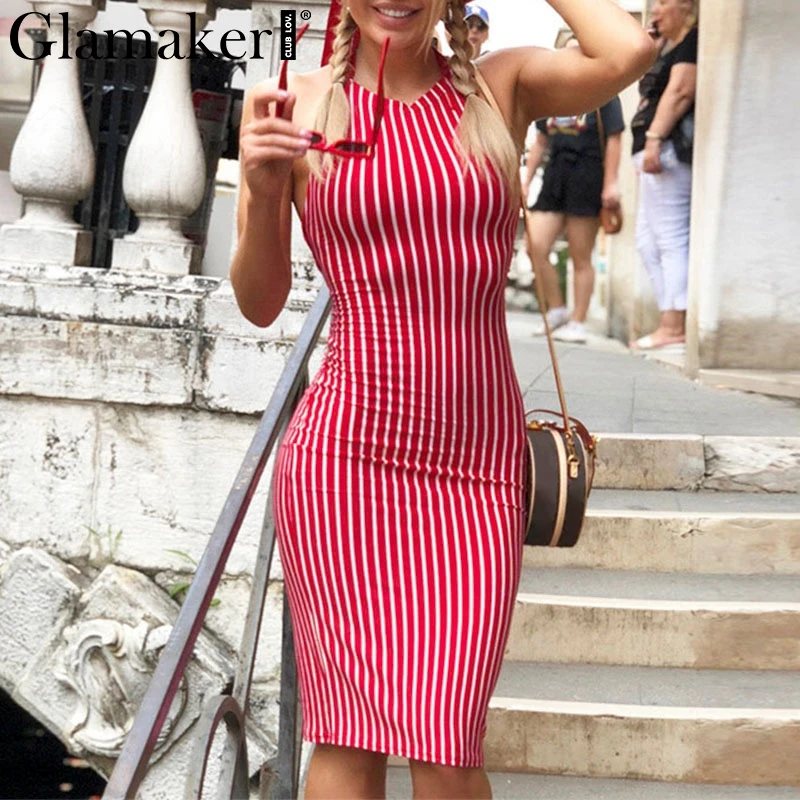 Glamaker Red stripe backless sexy dress Women lace up spring bodycon short dress Party club fitness summer dress vestidos 2019
Glamaker Red stripe backless sexy dress Women lace up spring bodycon short dress Party club fitness summer dress vestidos 2019
