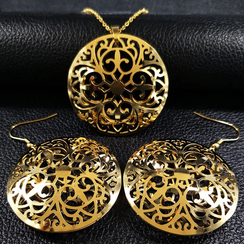 Hollow Gold Color Stainless Steel Set Women Big Flower Necklace Earrings African Bridal Jewelry Sets accesorios mujer S178317
Hollow Gold Color Stainless Steel Set Women Big Flower Necklace Earrings African Bridal Jewelry Sets accesorios mujer S178317