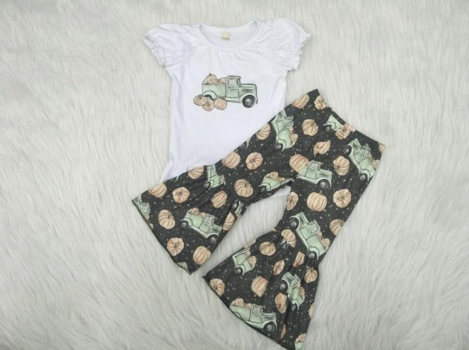 

Wholesale/retail pumpkins outfits baby girls white truck t shirt+flare pants 2 pcs kids boutique children's clothing gxj