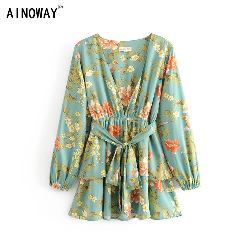 Green floral print women lantern sleeve sashes beach mini dresses Ladies deep V neck sexy dress vestidos 
Green floral print women lantern sleeve sashes beach mini dresses Ladies deep V neck sexy dress vestidos