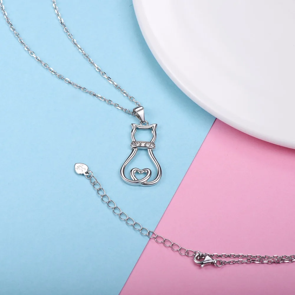 Lovely Cute Animal CZ Women's Fashion Jewelry Sterling Silver Cat Pendant Necklace - PeticaDeals