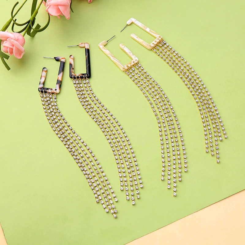 Фото Luxury Crystal Chain Long Tassel Earring For Women Fashion Jewelry Geometric Square Acrylic Charm Accessories Wholesale | Украшения и
