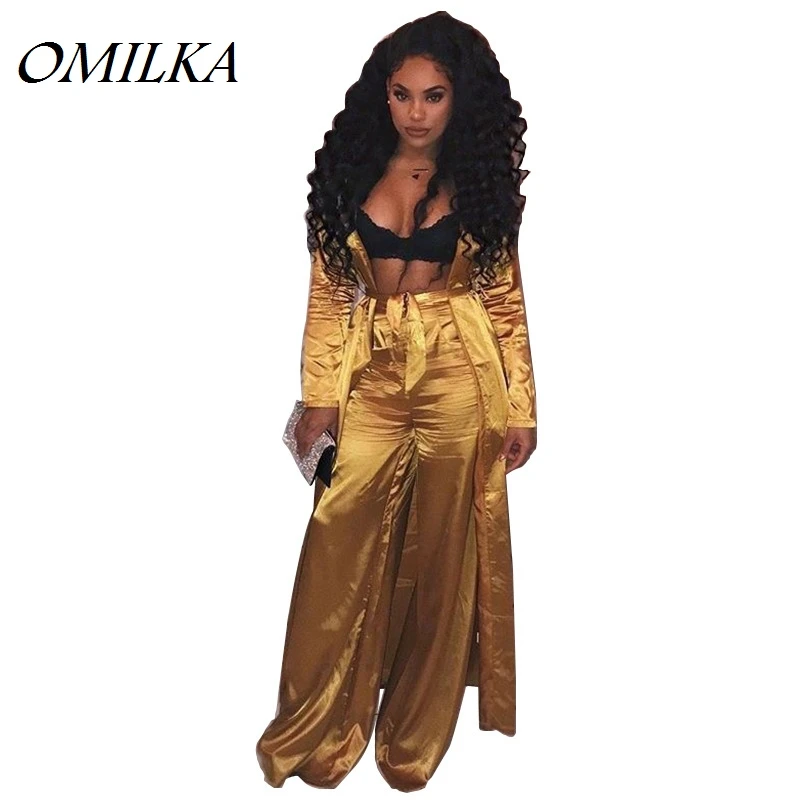 OMILKA 2018 Autumn Winter Women Long Sleeve Bandage Silk Trench Coat and Long Pant Set Sexy Black Blue Gold Club Party Tracksuit
OMILKA 2018 Autumn Winter Women Long Sleeve Bandage Silk Trench Coat and Long Pant Set Sexy Black Blue Gold Club Party Tracksuit
