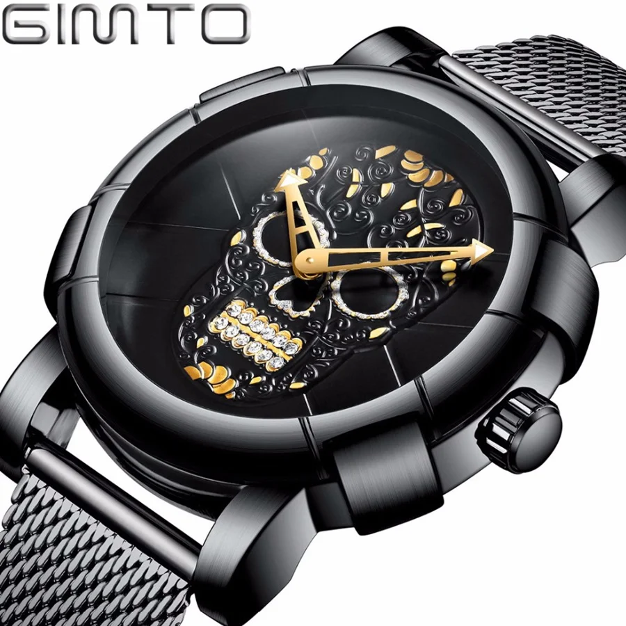 

GIMTO Unique Pirate Skeleton Skull Quartz Men Watches Luxury Waterproof Milanese Brand Watches Men Clock Relogio Masculino