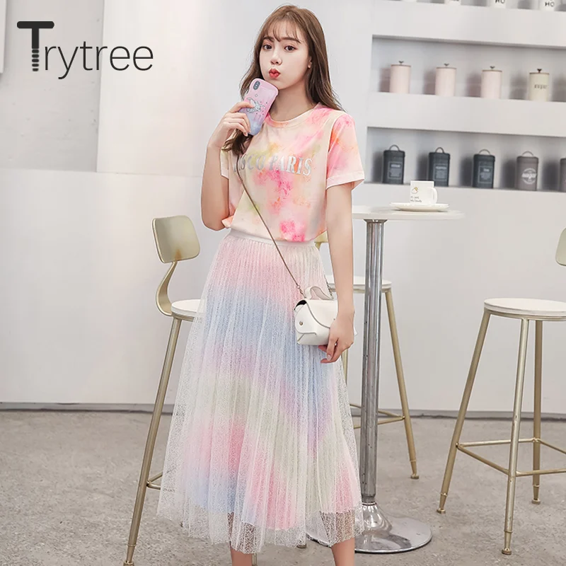Trytree Summer Women Two piece set Casual Multicolor Print O-Neck Top + Skirt Rainbow A-line Mesh Elastic Waist Suit 2 Piece Set
Trytree Summer Women Two piece set Casual Multicolor Print O-Neck Top + Skirt Rainbow A-line Mesh Elastic Waist Suit 2 Piece Set