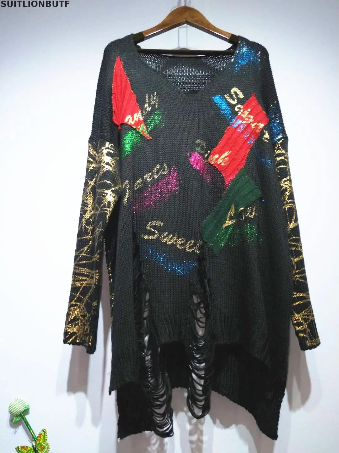 Knitted Spring Blended Cotton Sweater Distressed Hole Sweaters Letter Appliques Tops Punk Style Perfect Quality Women Sweater
Knitted Spring Blended Cotton Sweater Distressed Hole Sweaters Letter Appliques Tops Punk Style Perfect Quality Women Sweater
