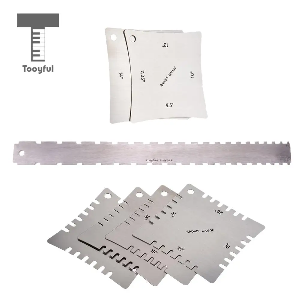 Tooyful Stainless Steel 1x Fretboard Ruler with 6x Radius Gauges Measuring Tools for Guitar Bass Luthier Tool
