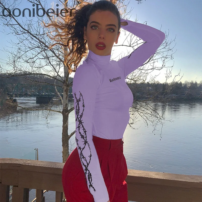 Aonibeier Thorns Letter Print High Neck Tops Women Fashion Long Sleeve Purple Slim Fit Female Cotton Tops with Finger Hole
Aonibeier Thorns Letter Print High Neck Tops Women Fashion Long Sleeve Purple Slim Fit Female Cotton Tops with Finger Hole