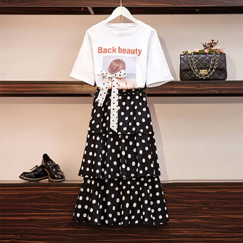 4XL 2019 Summer Casual 2 Piece Set Women Elegant Short Sleeve T-shirt+Polka Dot Skirt Women Fashion Plus Size Skirts Suits
4XL 2019 Summer Casual 2 Piece Set Women Elegant Short Sleeve T-shirt+Polka Dot Skirt Women Fashion Plus Size Skirts Suits