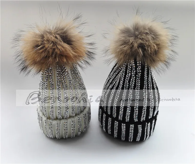 Winter Hats Real Fur Pom Pom Rhinestone Bling Style Women Beanies Warm Knitted Hat Ladies Skullies Caps
Winter Hats Real Fur Pom Pom Rhinestone Bling Style Women Beanies Warm Knitted Hat Ladies Skullies Caps