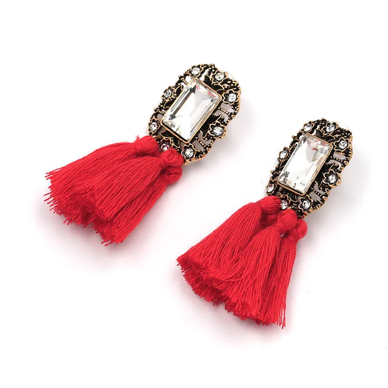 16 Colors, Crystal Square Tassel Stud Fringe Earrings