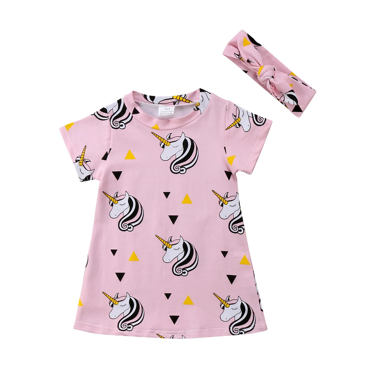 Летнее платье для маленьких девочек с единорогом 2018 г. Розовое вечернее + повязка