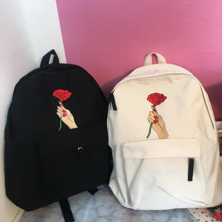 MSMO Finger Heart Backpack Cute Women Men Canvas Rose Embroidery Backpacks for Teenagers Women's Travel Bags Rucksack School Bag 14