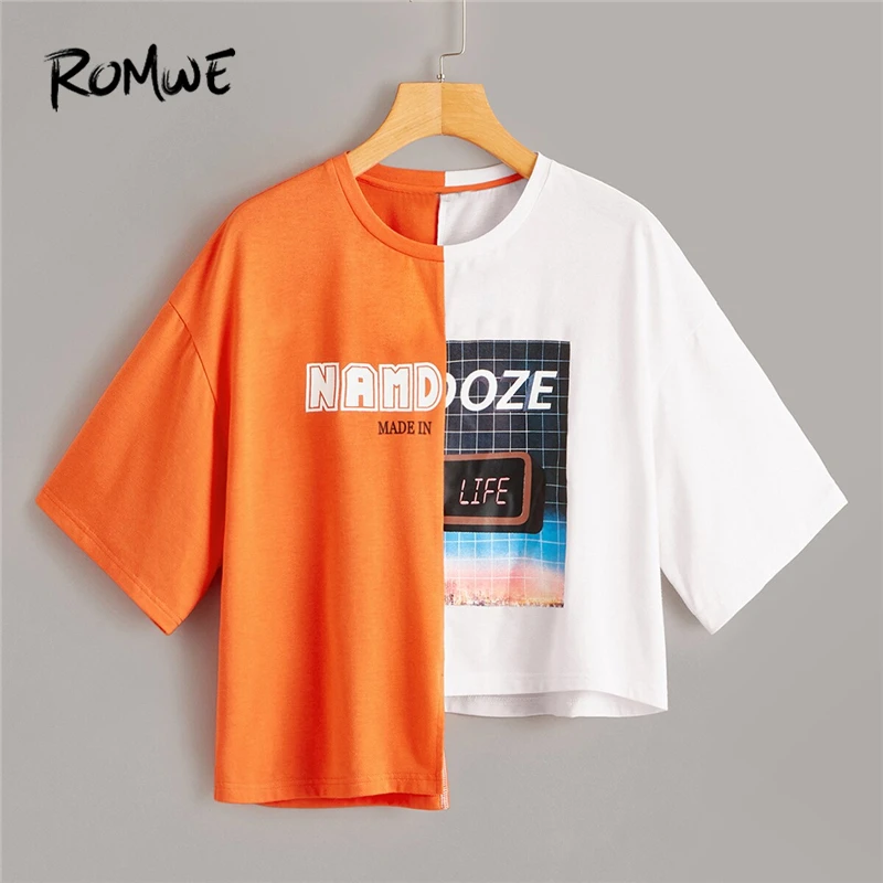 

ROMWE Colorblock Letter Plaid Mixed Print Two Tone Asymmetrical Neon Tee Women Summer Short Sleeve Casual Edgy T Shirts Tops