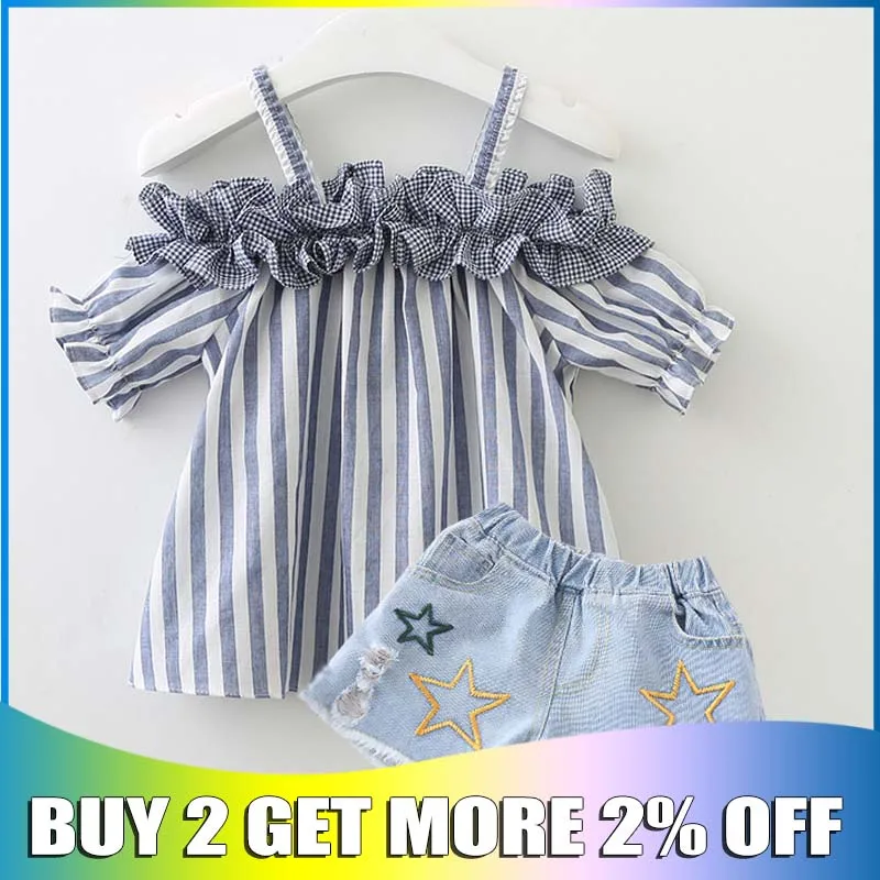New girls summer clothes set 2019 fashion cotton striped tops+jean shorts 2pcs for kids casual trasksuits sets children clothing
New girls summer clothes set 2019 fashion cotton striped tops+jean shorts 2pcs for kids casual trasksuits sets children clothing