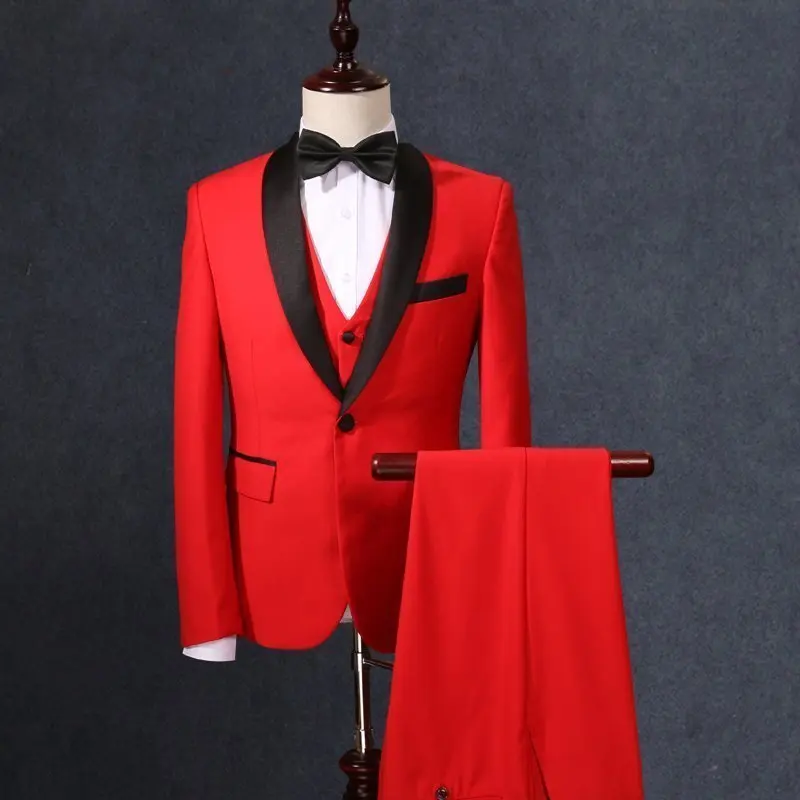 Image (jacket+vest+pants) male wedding suit red fashion slim 3 pieces sets studio shooting groom costumes show prom formal clothing
