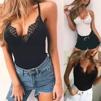 Womens Plus Size Sexy Plunging V-Neck Halter Bodysuit Solid Color Eyelash Floral Lace Trim Backless Cami Rompers S-2XL
Womens Plus Size Sexy Plunging V-Neck Halter Bodysuit Solid Color Eyelash Floral Lace Trim Backless Cami Rompers S-2XL