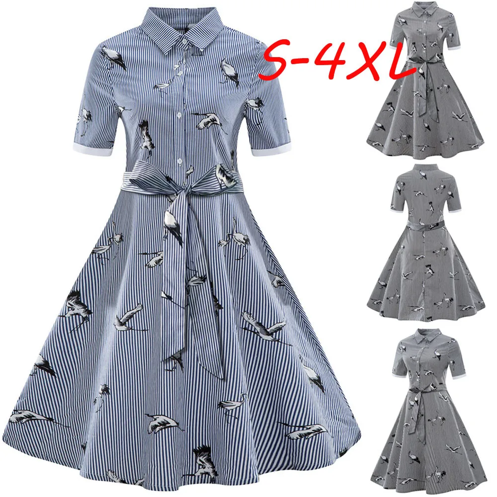 2018 Summer Dress Women Elegant Stripe Printed Vintage A-Line Dress Ladies Casual Belt Bandage Shirt Swing Dress Plus Size
2018 Summer Dress Women Elegant Stripe Printed Vintage A-Line Dress Ladies Casual Belt Bandage Shirt Swing Dress Plus Size