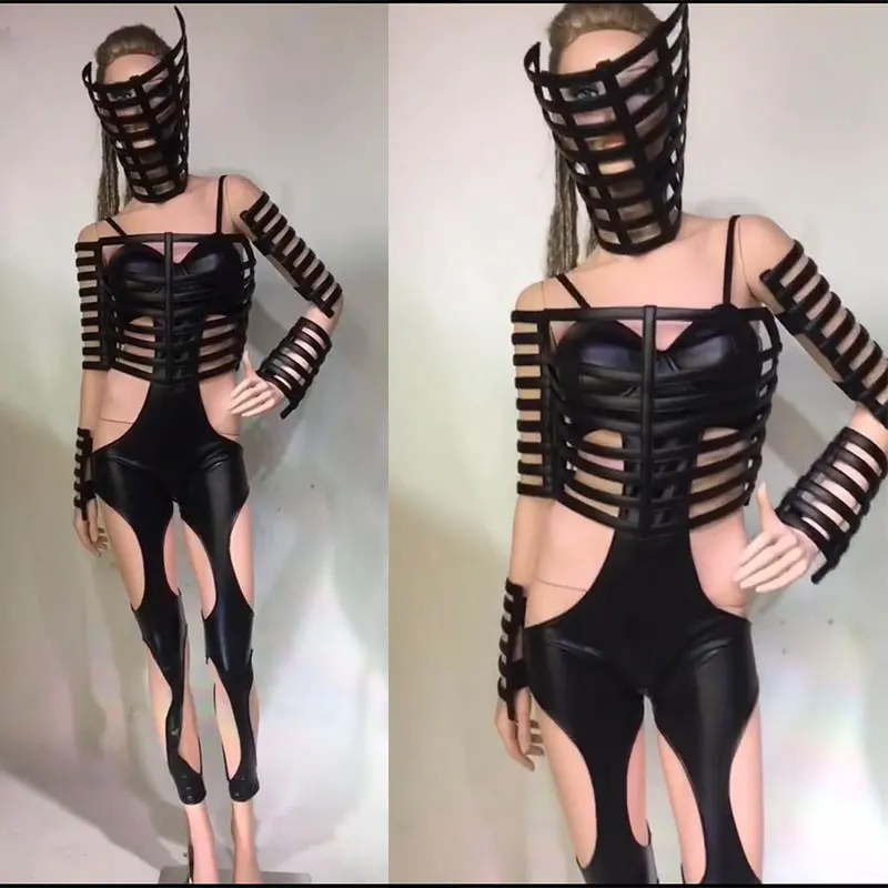 Women Sexy Hollow Leotard Costumes Mask arm Jumpsuit Black Stage Play Clothes Club DJ DS GOGO wear Bodysuit sets | Тематическая