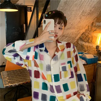 Shirts Women Thin Colorful Plaid Loose Lovely All-match Single Breasted Korean Style Turn-down Collar Students Blouses Womens
Shirts Women Thin Colorful Plaid Loose Lovely All-match Single Breasted Korean Style Turn-down Collar Students Blouses Womens