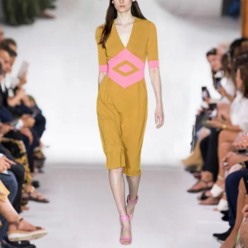 2019 Runway Summer Women V-neck Color Block Dresses Female Elegant Geometric Patchwork Short Sleeve Knee Length Dress Jc3181
2019 Runway Summer Women V-neck Color Block Dresses Female Elegant Geometric Patchwork Short Sleeve Knee Length Dress Jc3181