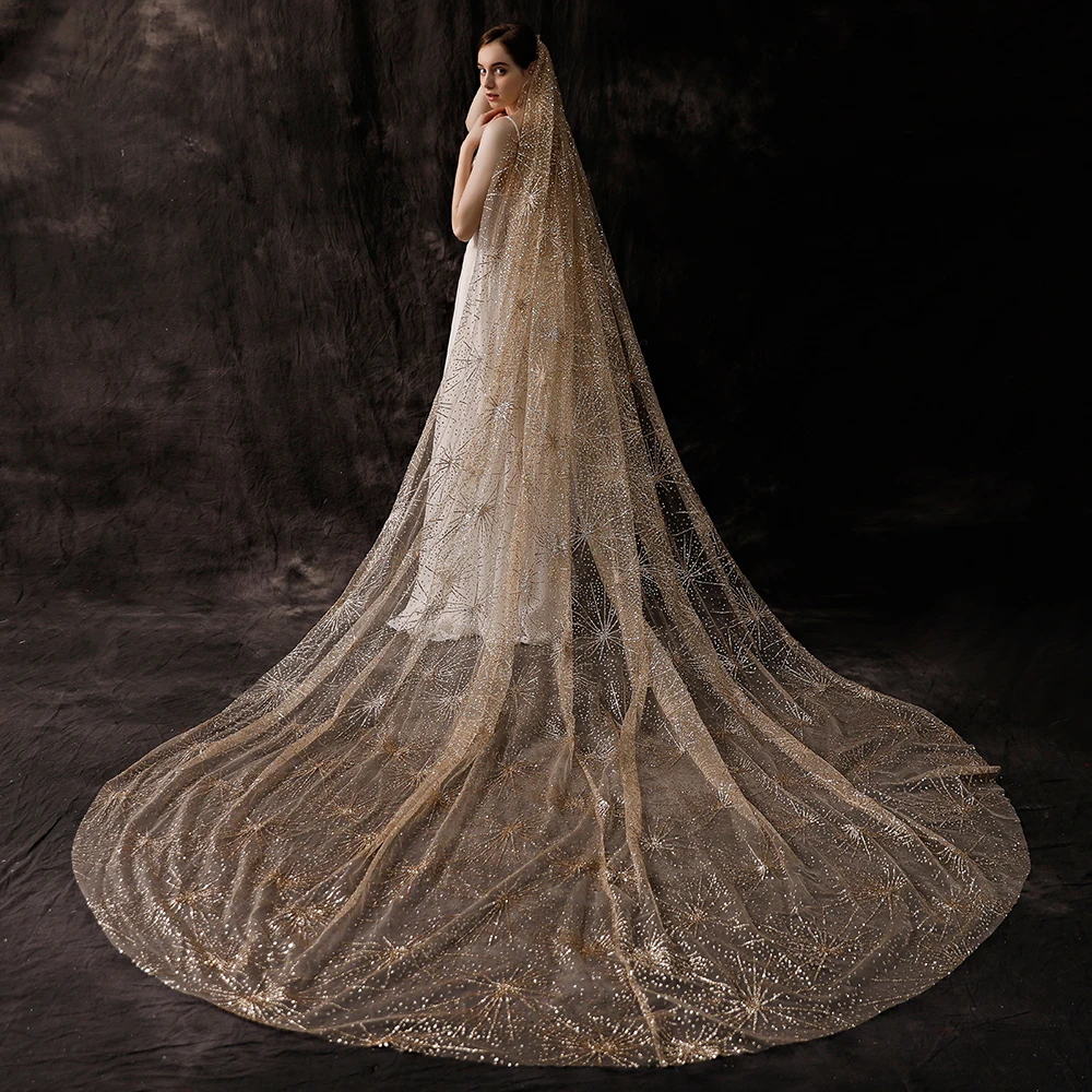 Luxury Spray Gold Sequins Veil Cathedral Long One Layer Champagne Golden Color Veils for Wedding Bridal Hair Jewelry with Comb
Luxury Spray Gold Sequins Veil Cathedral Long One Layer Champagne Golden Color Veils for Wedding Bridal Hair Jewelry with Comb