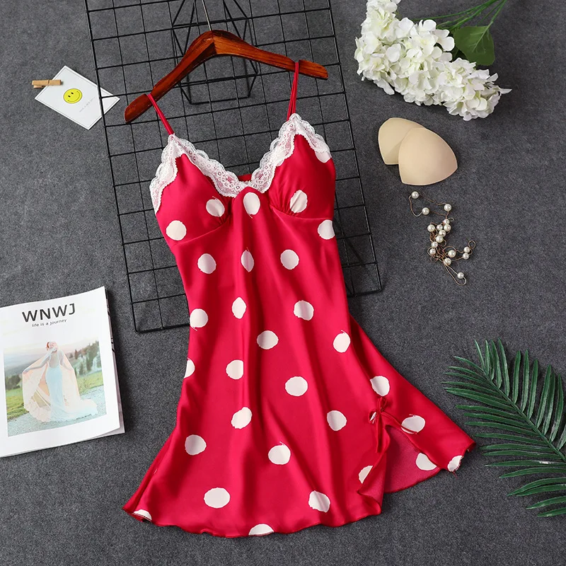 

Daeyard Silk Nightgown Women Fashion Polka Dot Nightdress Sexy Lace Trimmed Summer Mini Dress Sleepwear With Ches Pads Homewear