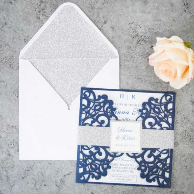 Customized Laser Cut Blue Wedding Party Invitation Cards With Silver Belly Band And Tag, 100sets, Express Shipping
Customized Laser Cut Blue Wedding Party Invitation Cards With Silver Belly Band And Tag, 100sets, Express Shipping