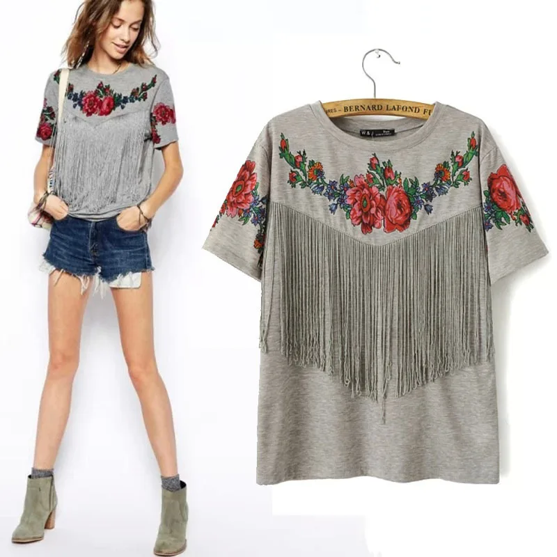 2018 Summer New Women Wholesale Short Sleeve Chest Tassel Fringed Roses Floral Printed Crew Neck Grey Tribal High Street T Shirt
2018 Summer New Women Wholesale Short Sleeve Chest Tassel Fringed Roses Floral Printed Crew Neck Grey Tribal High Street T Shirt