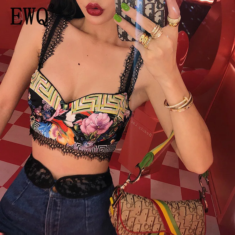

[EWQ] 2019 Summer New Fashion Clothes Women High Quality Vacation Wild Print Lace All-match Sexy Sling Tank Female Top QH60701L