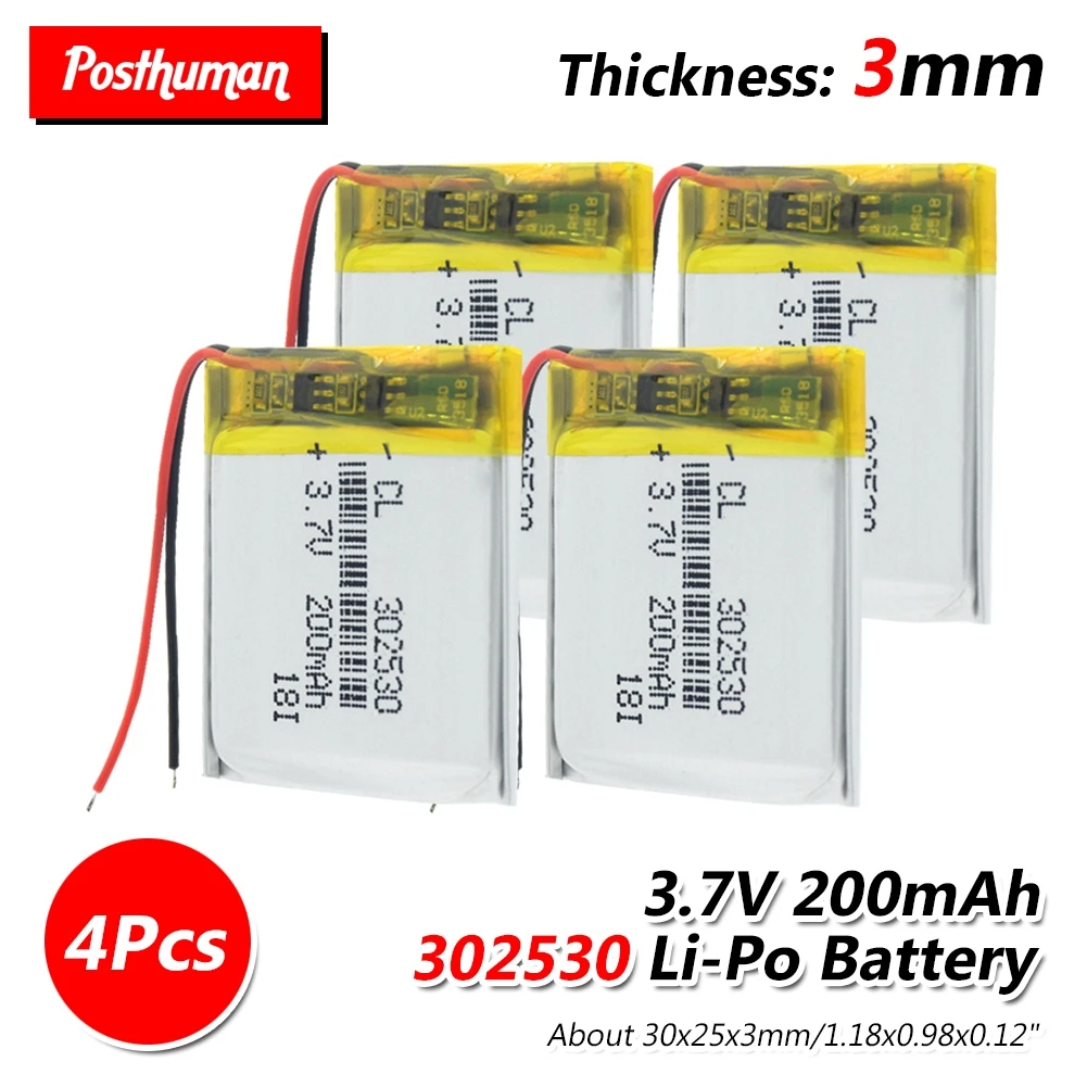 200mAh 302530 Rechargeable Battery Li-Po Battery Lithium Polymer li-ion Battery Lipo cells For MP3 MP4 DVD PDA MID Camera
200mAh 302530 Rechargeable Battery Li-Po Battery Lithium Polymer li-ion Battery Lipo cells For MP3 MP4 DVD PDA MID Camera
