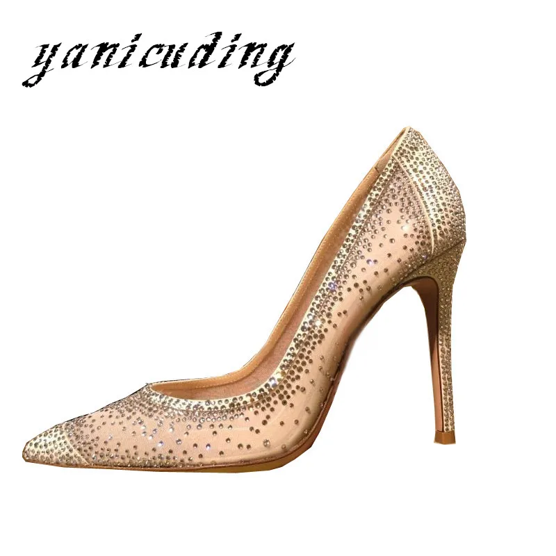 

19SS Luxury Crystal Covered Mesh High Heel Ladies Pumps Sexy Pointed Toe Stiletto Banquet Shoes Party Dress Wedding Woman Shoes