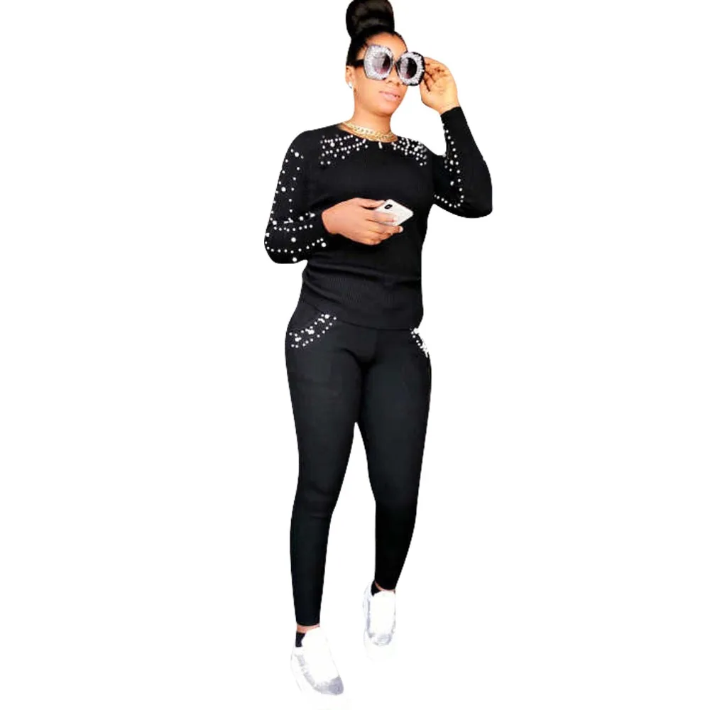 Fashion Beading Rhinestone Casual 2 Piece Outfits Autumn O Neck Long Sleeve Tees Pockets Fit Slim Pants Women Black Tracksuits
Fashion Beading Rhinestone Casual 2 Piece Outfits Autumn O Neck Long Sleeve Tees Pockets Fit Slim Pants Women Black Tracksuits