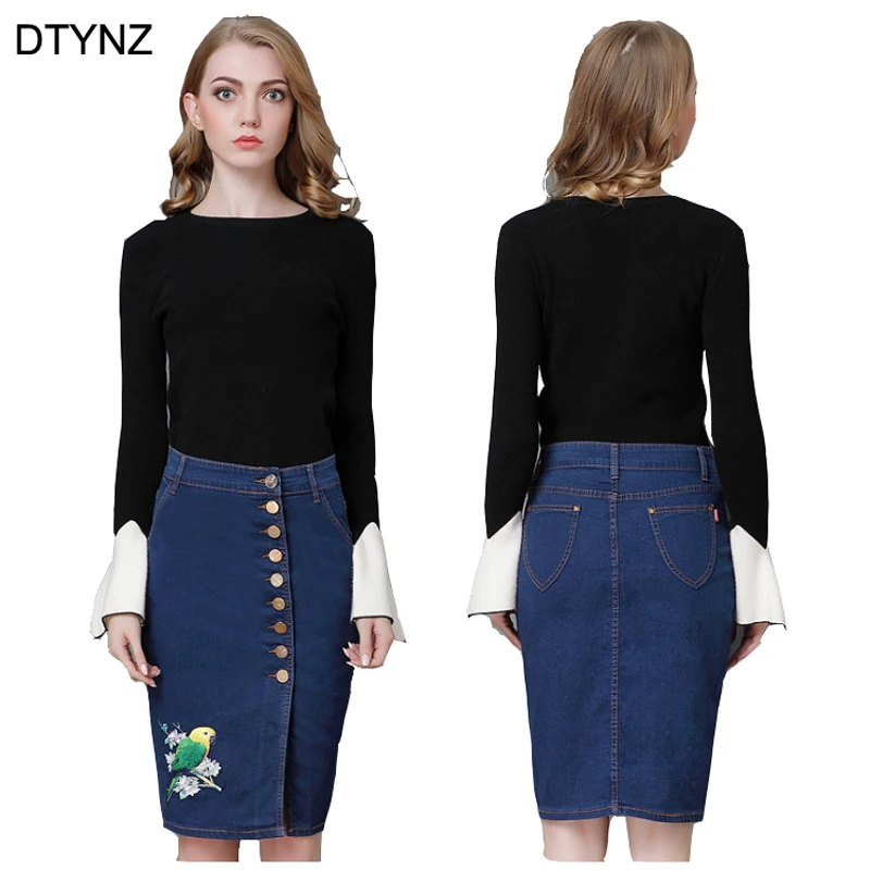 Фото DTYNZ Denim Skirt High Waist Lady Button Down Jeans Skirts Knee Length Korean Style Pencil Summer Sexy Embroidery | Женская одежда
