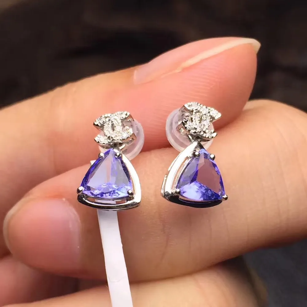 Image REAL18K gold weight 1.21g earrings Perfact 100% natural tanzanite earrings fine jewelry for women decorates with red coral