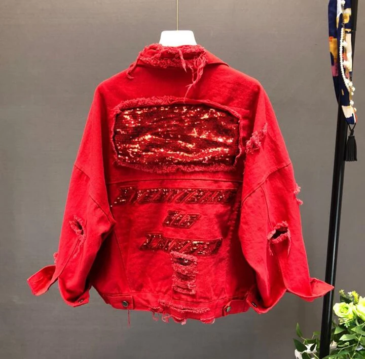 2019 Spring Autumn Sequins Red Denim Coat Women's Loose Short Hole Jacket Female Student BF Wind Black Jeans Coat Overcoats
2019 Spring Autumn Sequins Red Denim Coat Women's Loose Short Hole Jacket Female Student BF Wind Black Jeans Coat Overcoats