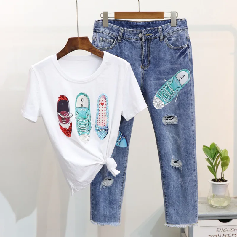 Фото Summer Women T Shirts Denim Pant Suits Fashion Beading Sequined Shoes Pattern Tshirt + Hole Tassel Calf-Length Trousers Sets | Женская