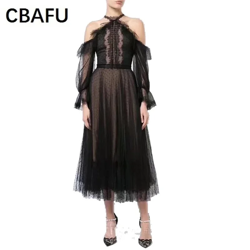 CBAFU new 2018 autumn fashion black red women dress off the shoulder halter party dress lace dot runway brand long dress D095
CBAFU new 2018 autumn fashion black red women dress off the shoulder halter party dress lace dot runway brand long dress D095