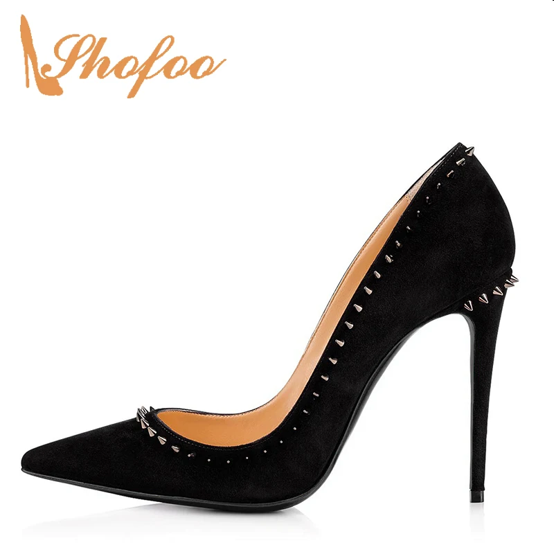 

Famous Brand Black High Stilettos Thin Heels Pumps Pointed Toe Woman Rivets Big Size 11 14 Ladies Footwear Fashion Mature Shofoo