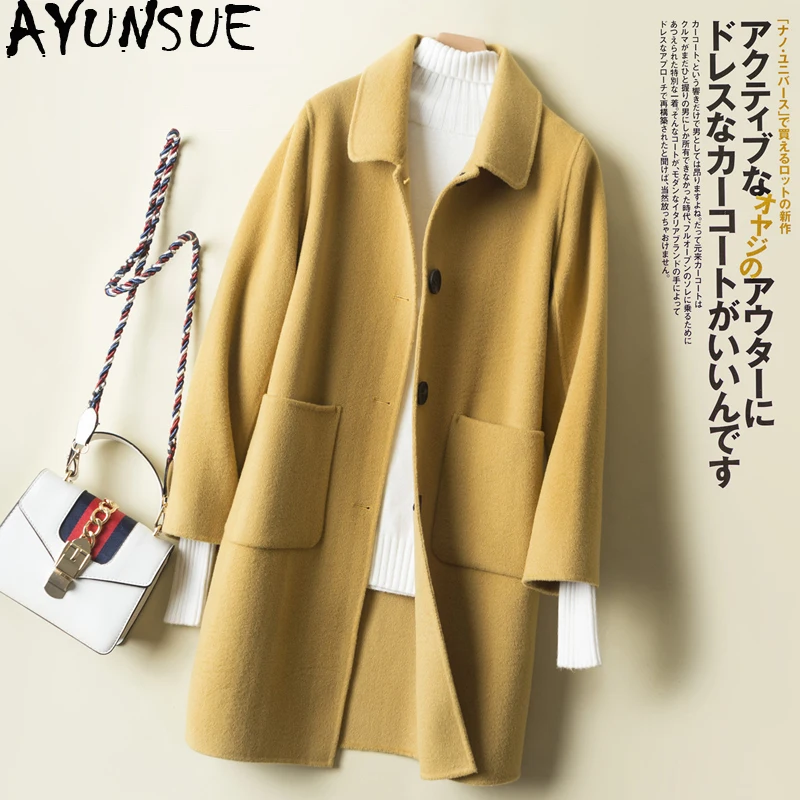 AYUNSUE 2019 New Wool Coat Female Spring Fall Double-sided Long Coat Black Yellow Jacket Korean Ladies Coats 0714 KJ2394
AYUNSUE 2019 New Wool Coat Female Spring Fall Double-sided Long Coat Black Yellow Jacket Korean Ladies Coats 0714 KJ2394