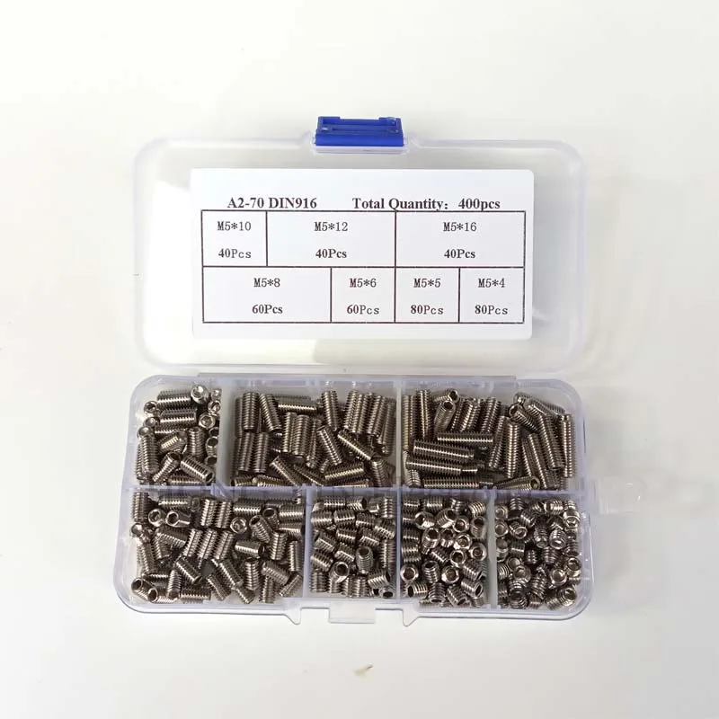 400Pcs/set Stainless Steel Wood Screws Allen Head Socket Hex Set Grub Screw Assortment Cup Point Assortment M5*4/5/6/8/10/12/16
400Pcs/set Stainless Steel Wood Screws Allen Head Socket Hex Set Grub Screw Assortment Cup Point Assortment M5*4/5/6/8/10/12/16