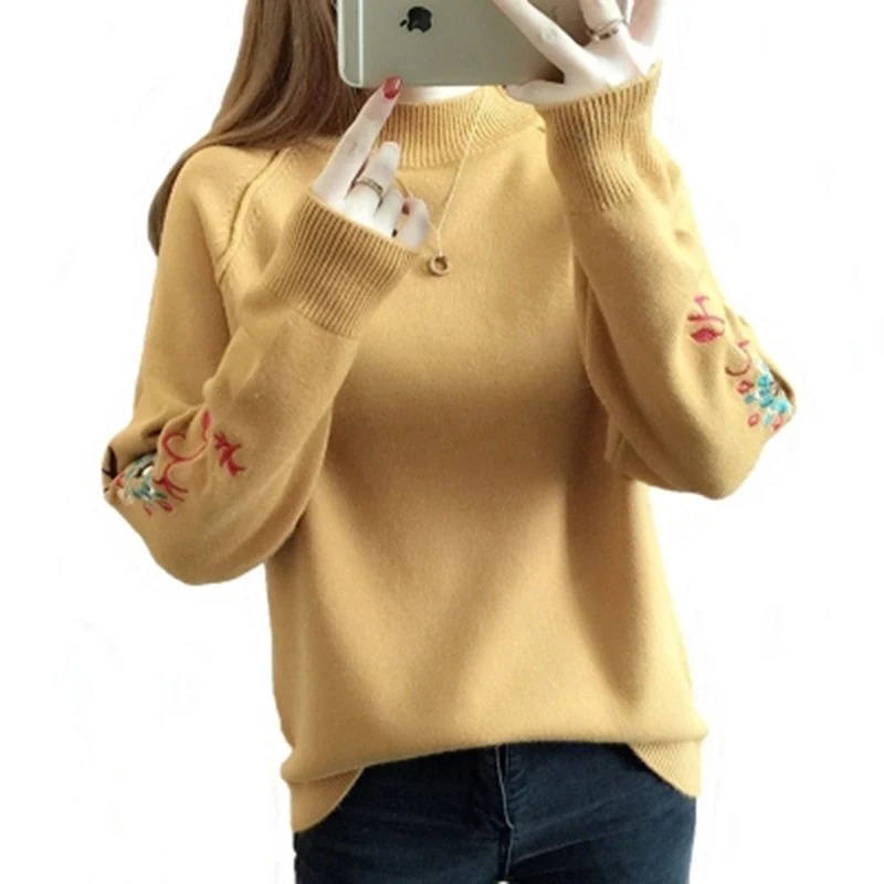 Girl Autumn Winter Plus Size Long Sleeve Knitted Sweater Female Embroidered Half Turtleneck Loose Pullover F280 | Женская одежда