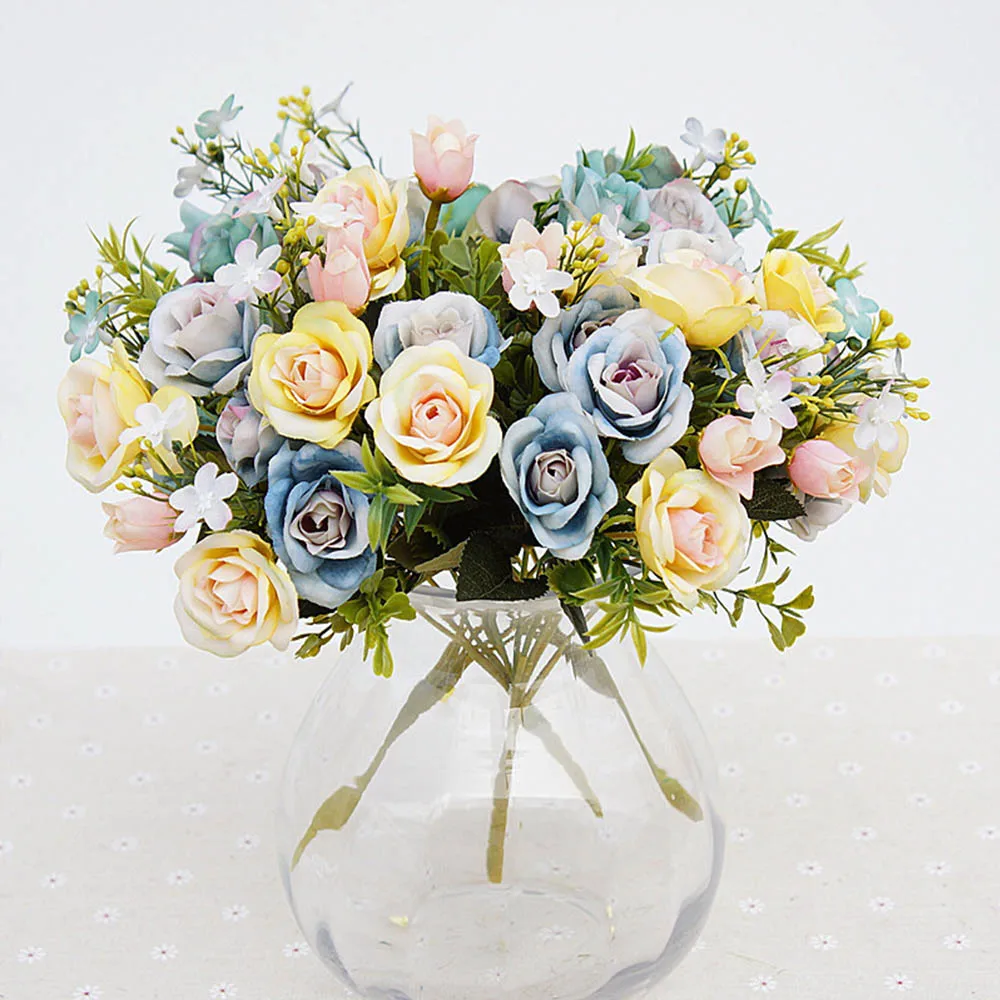 Image artificial flowers 13 heads bouquet small bud silk roses simulation flowers Green leaves Home vases autumn decora for Wedding