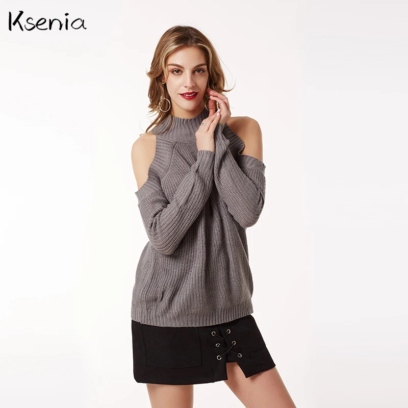 Image Ksenia Fashion brand Sexy Solid Casual Pullovers 2017 Women turtleneck Sweaters Spring Autumn off shoulder Jumpers Knitted Tops