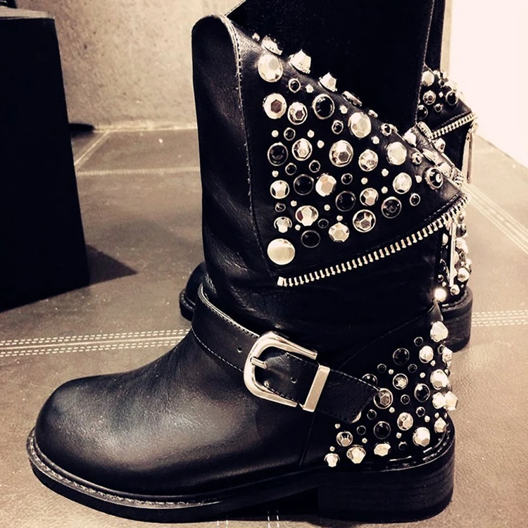 US4-11 Womens Retro Studs Rivets Punk Ankle Boots Shoes Zipper Gladiator Shoes Belt Buckle Real Leather Plus Size