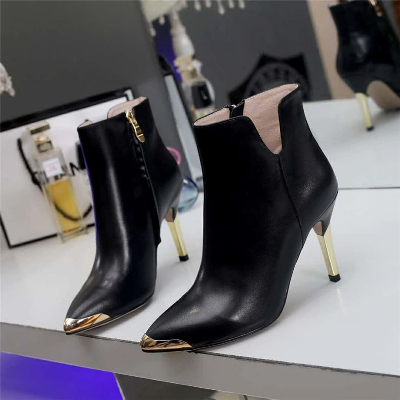 Basic black pointed toe high heel ankle boots for women Sexy red metal toe thin heel short boots for ladies Fashion boots
Basic black pointed toe high heel ankle boots for women Sexy red metal toe thin heel short boots for ladies Fashion boots
